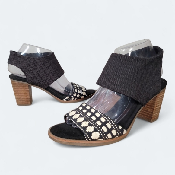 Toms Majorca Cut Out Sandals Size 8 Black Cream Boho Wood Block Heels - Picture 1 of 16